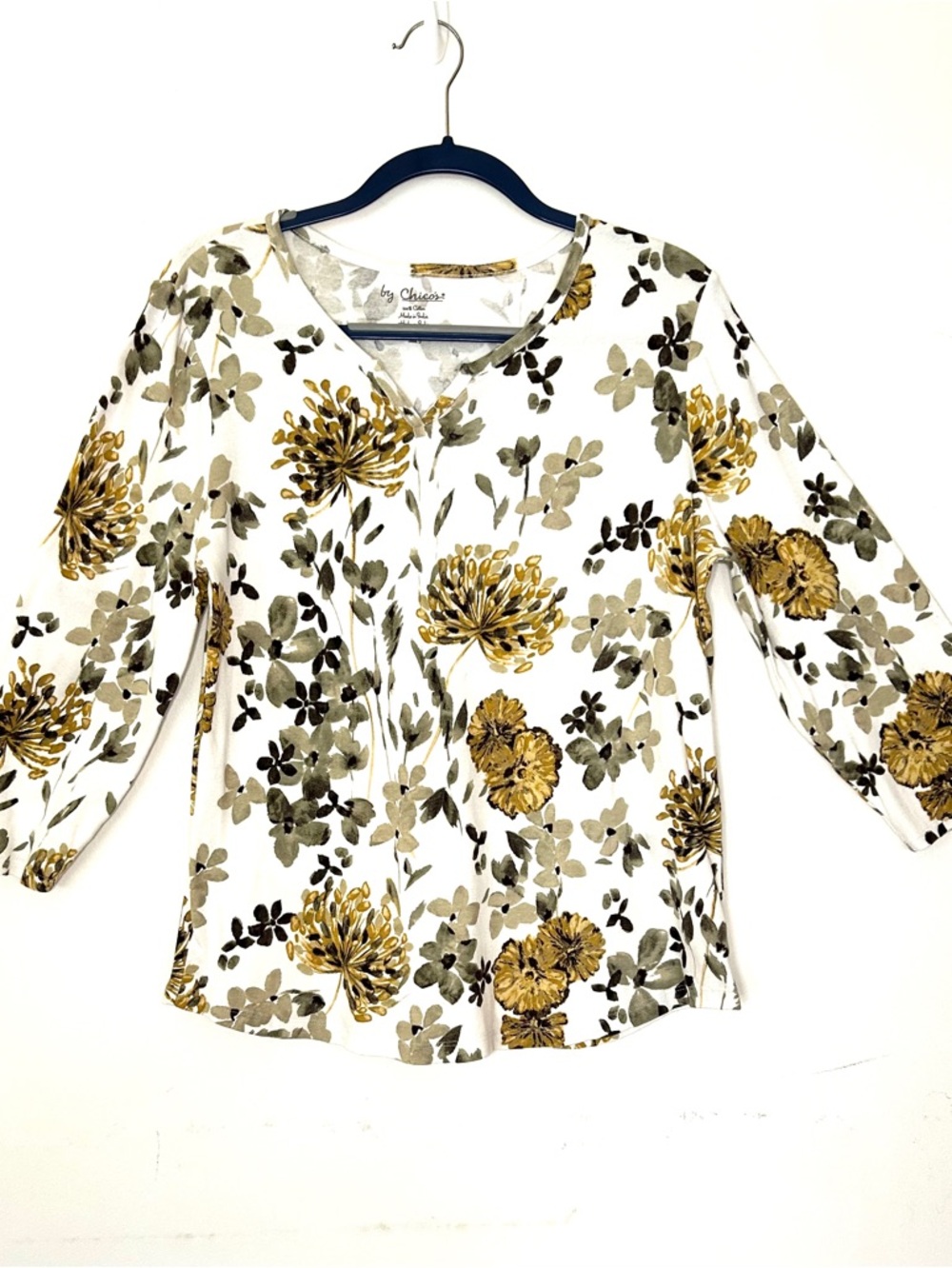 CHICO’S Floral V-Neck Blouse - White, Gold, & Olive - Size 2